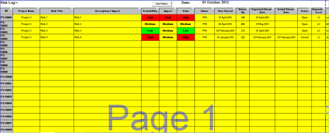 Example project risk register template