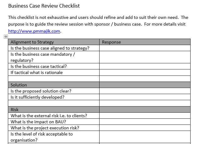 Example of PMO Business Case Review Checklist