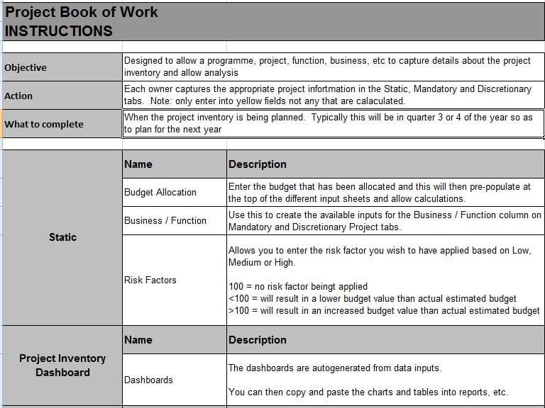 Project Book of Work Instructions tab