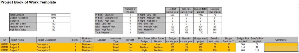 Project Book of Work Mandatory Project input tab