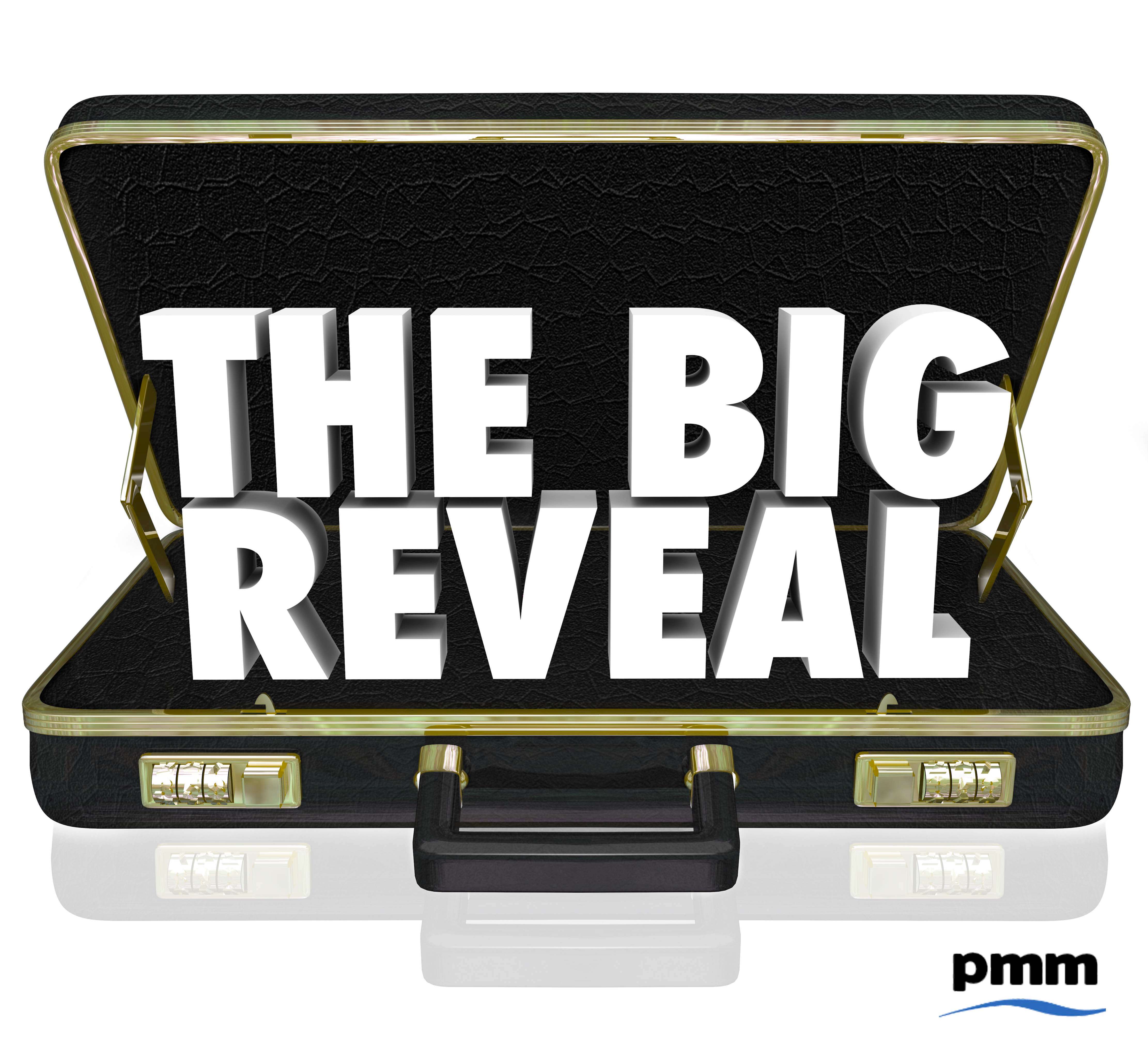 Open suit case with text "the big reveal"